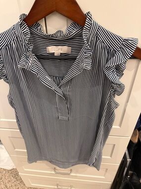 LOFT Navy and White Striped Ruffle Sleeve Camisole